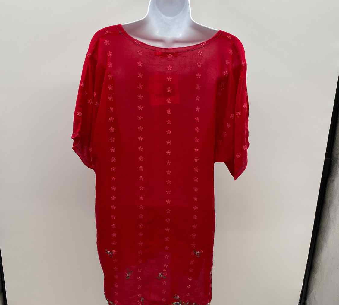 Johnny Was Women's Size M Red Embroidered Short Sleeve Shirt