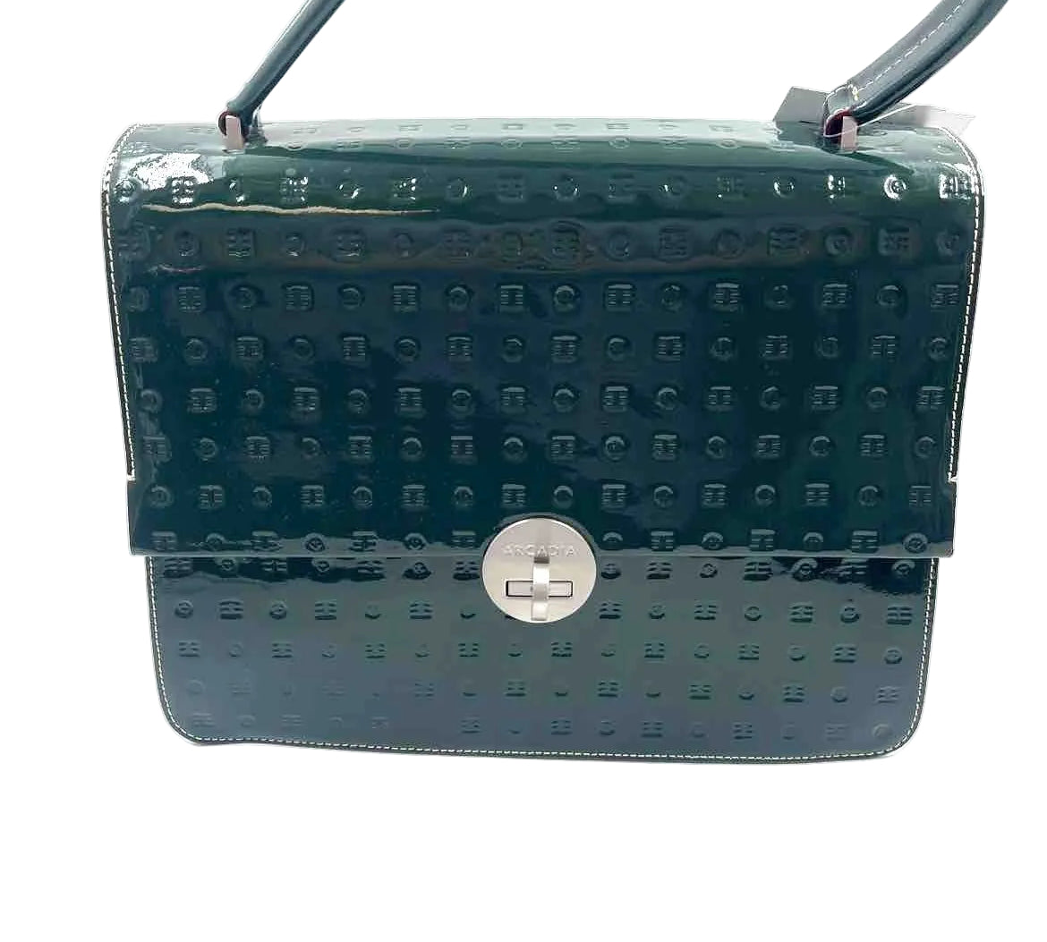 ARCADIA Forest Green Smooth & Embossed Patent Leather Handled Satchel Purse