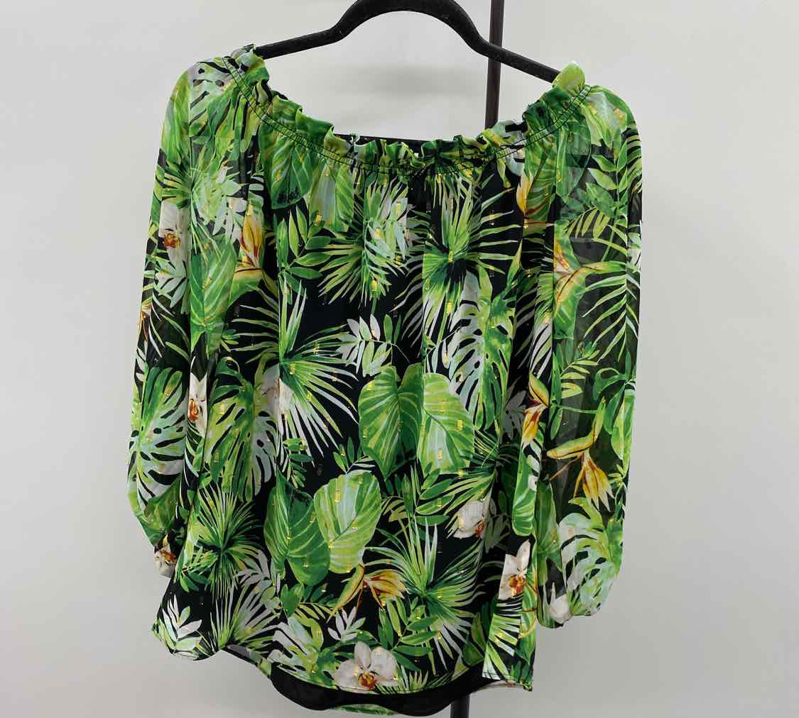 White House Black Market Women's Size L Green Floral Long Sleeve Shirt