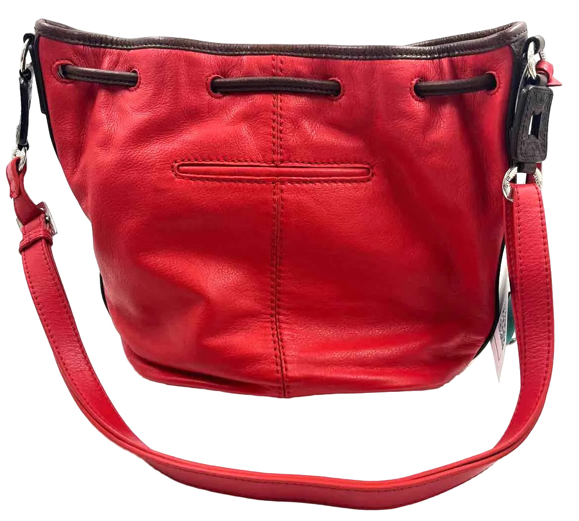 Back BRIGHTON Red Pebble Leather Drawstring Bucket Bag Purse w/Brown Leather Trim