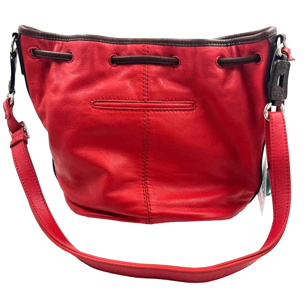 Back BRIGHTON Red Pebble Leather Drawstring Bucket Bag Purse w/Brown Leather Trim