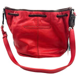 Back BRIGHTON Red Pebble Leather Drawstring Bucket Bag Purse w/Brown Leather Trim