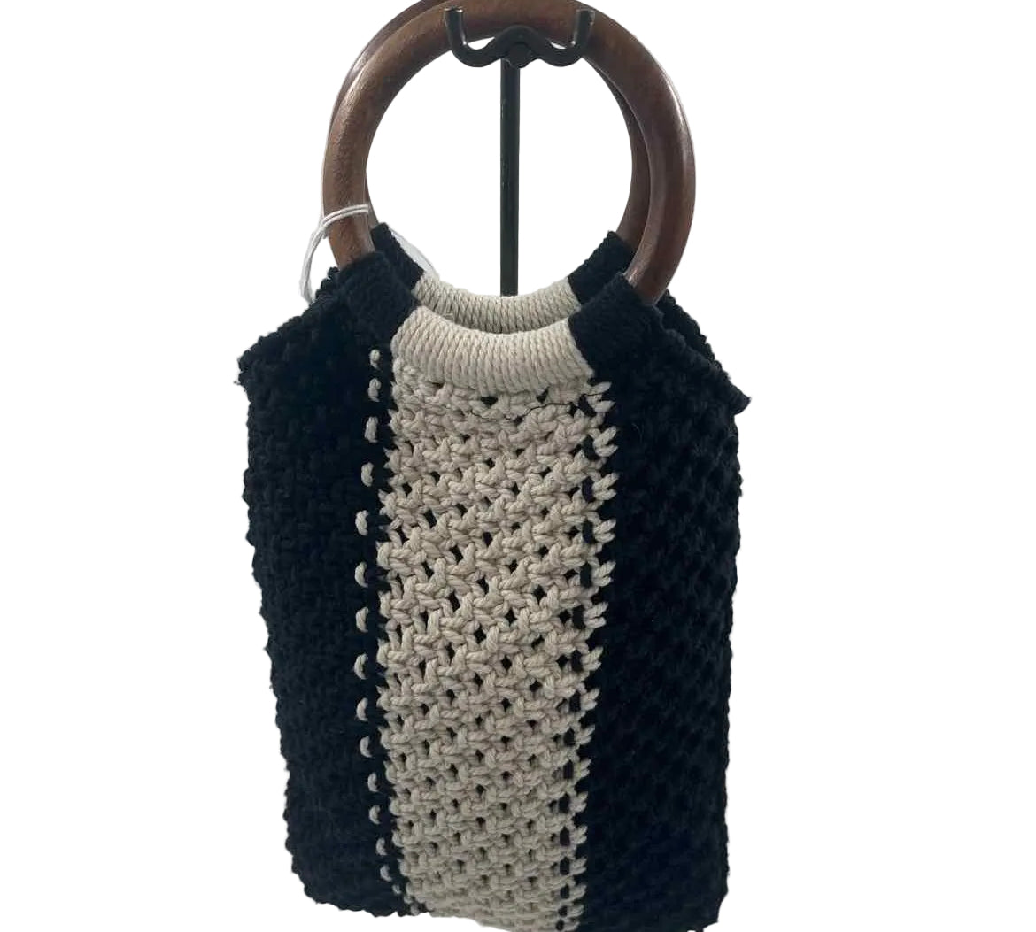 CURATEUR X LAUDE the LABEL Black & White GABBY Macrame Purse w/Ring Handles