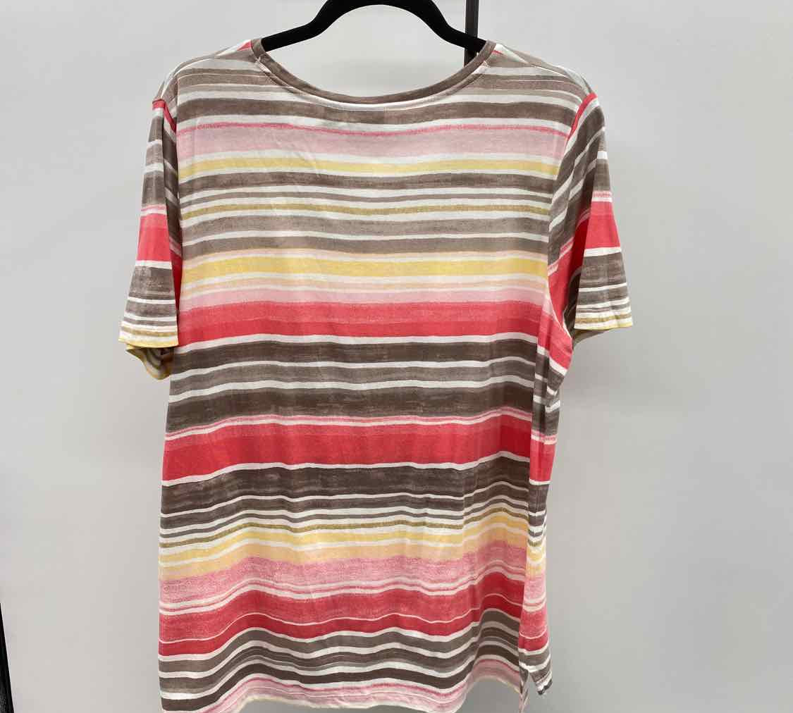 Chico's Women's Size L Taupe Stripe Short Sleeve Shirt