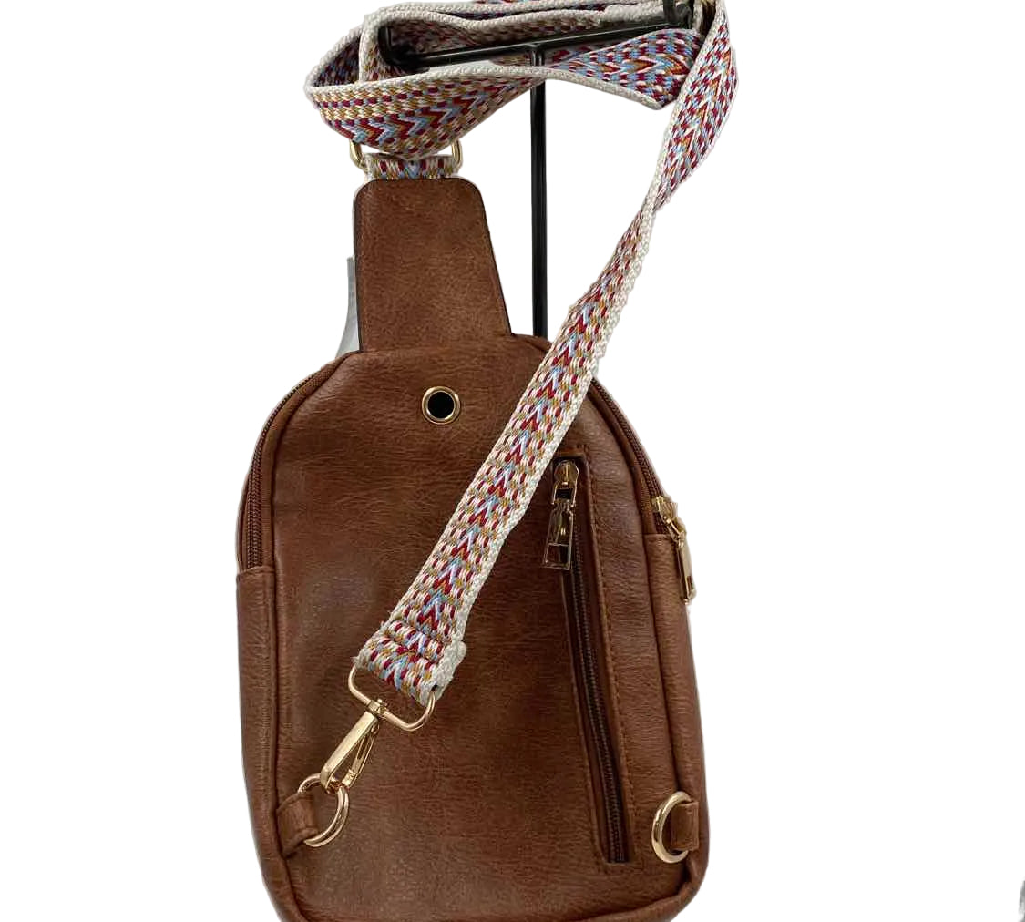 YUERMEI Caramel Brown Vegan Leather SlingBag Purse w/Guitar Strap Crossbody