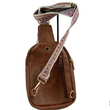 YUERMEI Caramel Brown Vegan Leather SlingBag Purse w/Guitar Strap Crossbody
