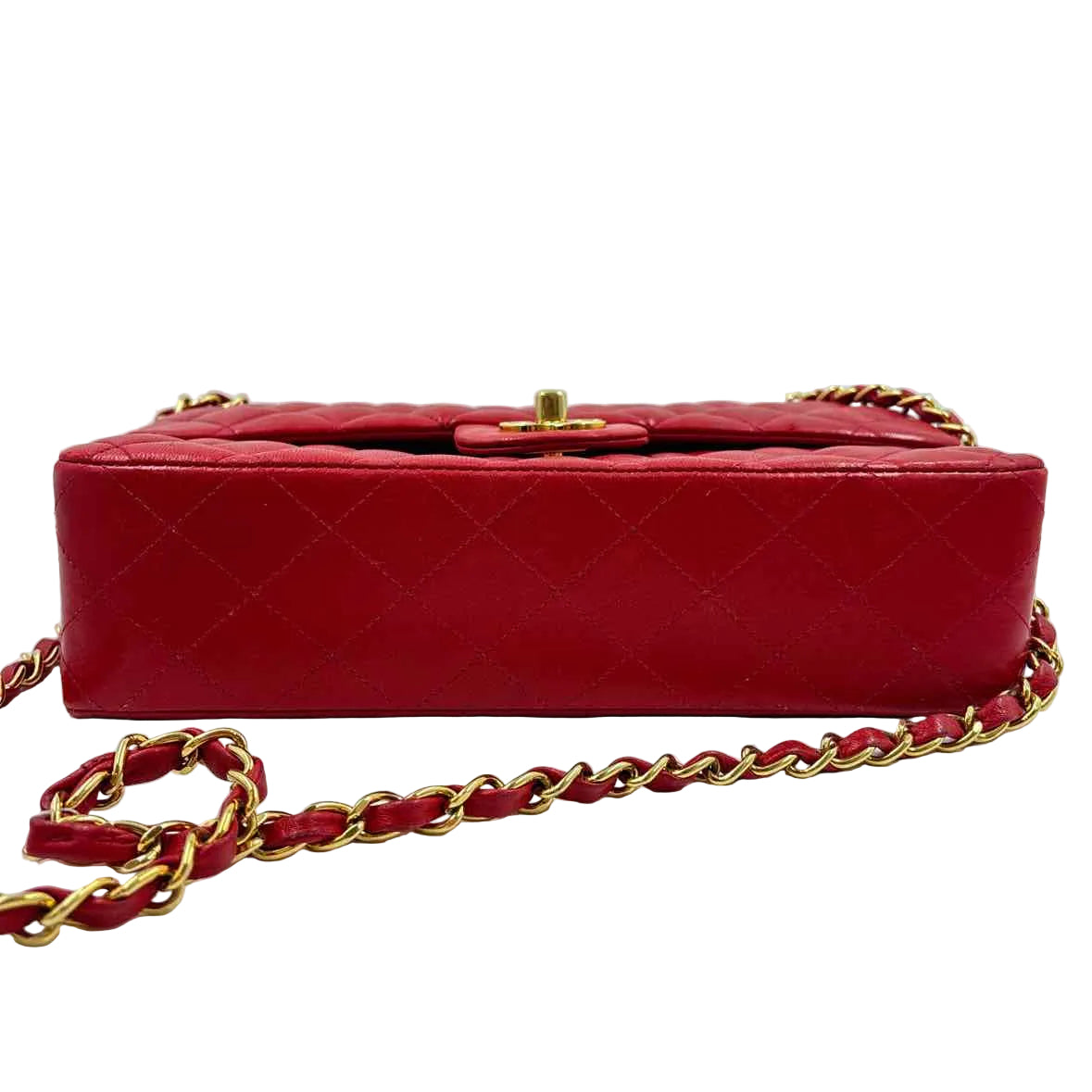 Bottom CHANEL Red Lambskin Leather MEDIUM CLASSIC DOUBLE FLAP Bag Purse