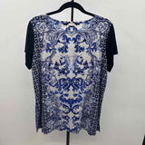 Susan Graver Women's Size L Blue Damask Short Sleeve Shirt