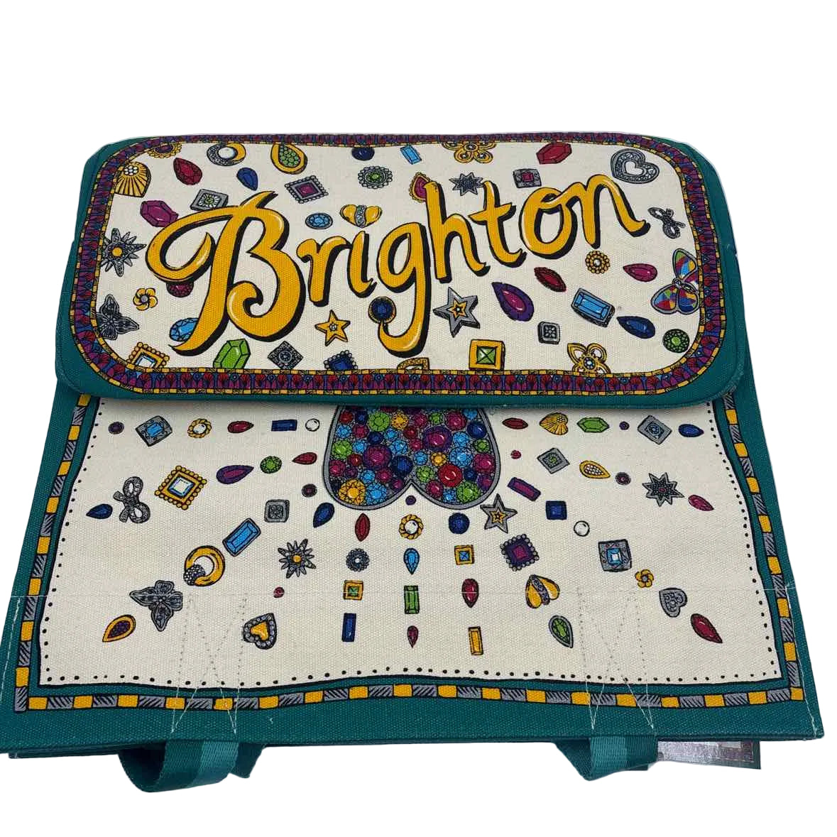 Bottom NWT BRIGHTON Teal Natural Yellow Gray Jewel CHARMED LOVE Canvas Tote Bag Purse