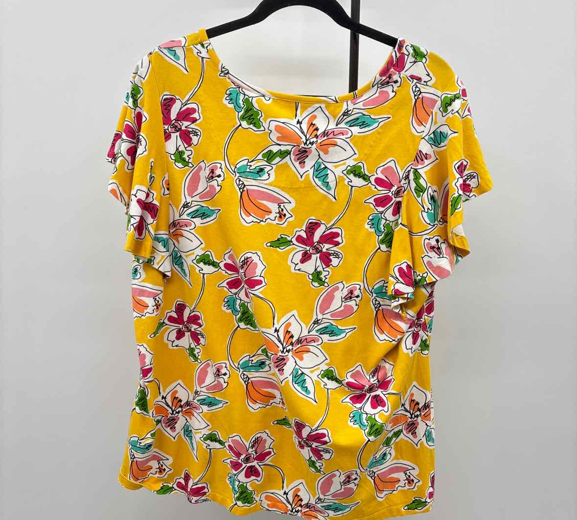 Denim & Co Women's Size 1X Yellow Floral Short Sleeve Shirt