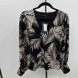 White House Black Market Women's Size M Black Leaf Long Sleeve Shirt