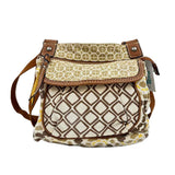 FOSSIL Brown White Tan Geometric Canvas Crossbody Purse