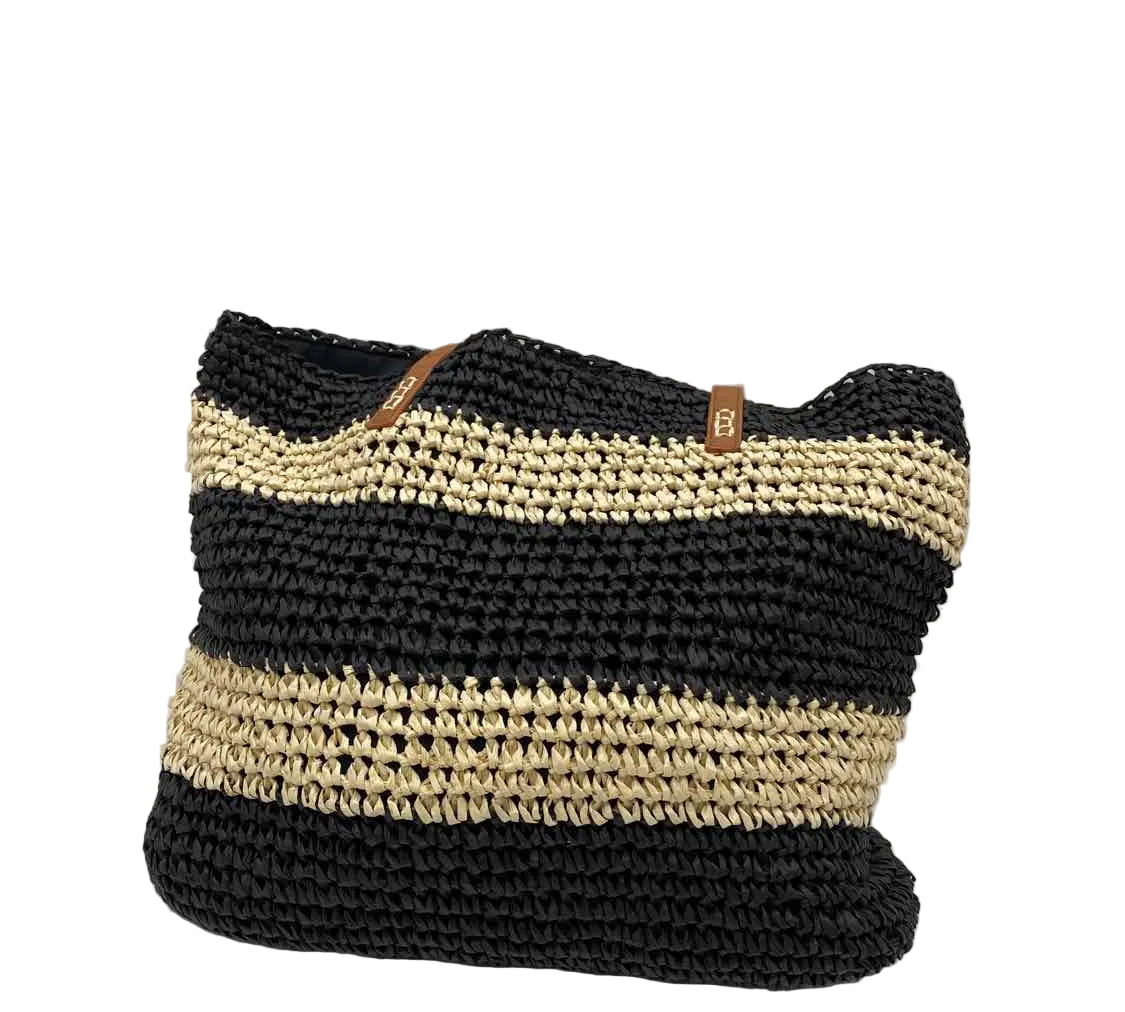 WOMAN WITHIN Natural & Black Crochet Striped Tote Bag Purse w/Double Handles