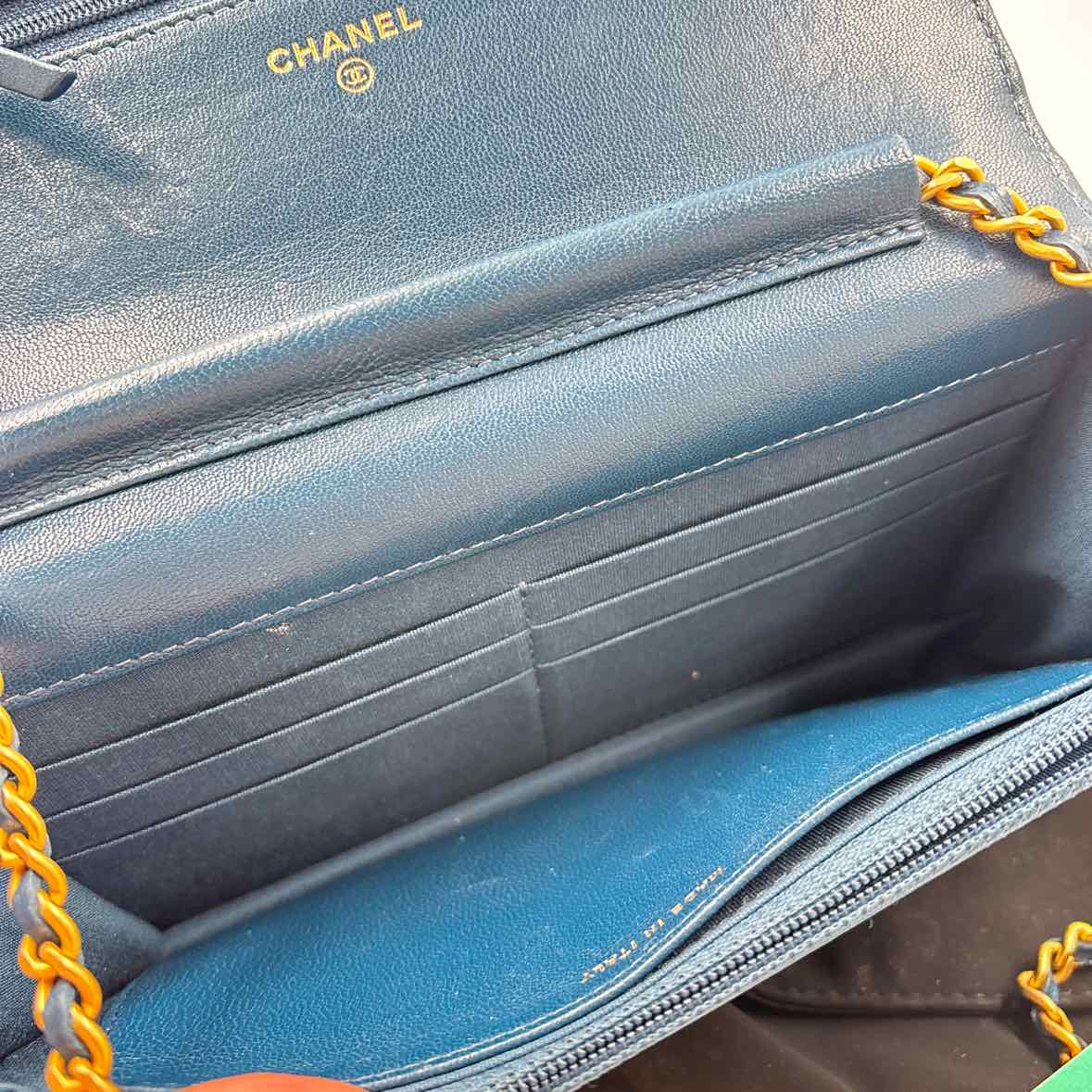Interior CHANEL Navy Blue Quilted Lambskin Leather INFINITY Wallet on Chain & Leather Strap Made in Italy