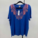 Chico's Women's Size L Blue Embroidered Short Sleeve Shirt