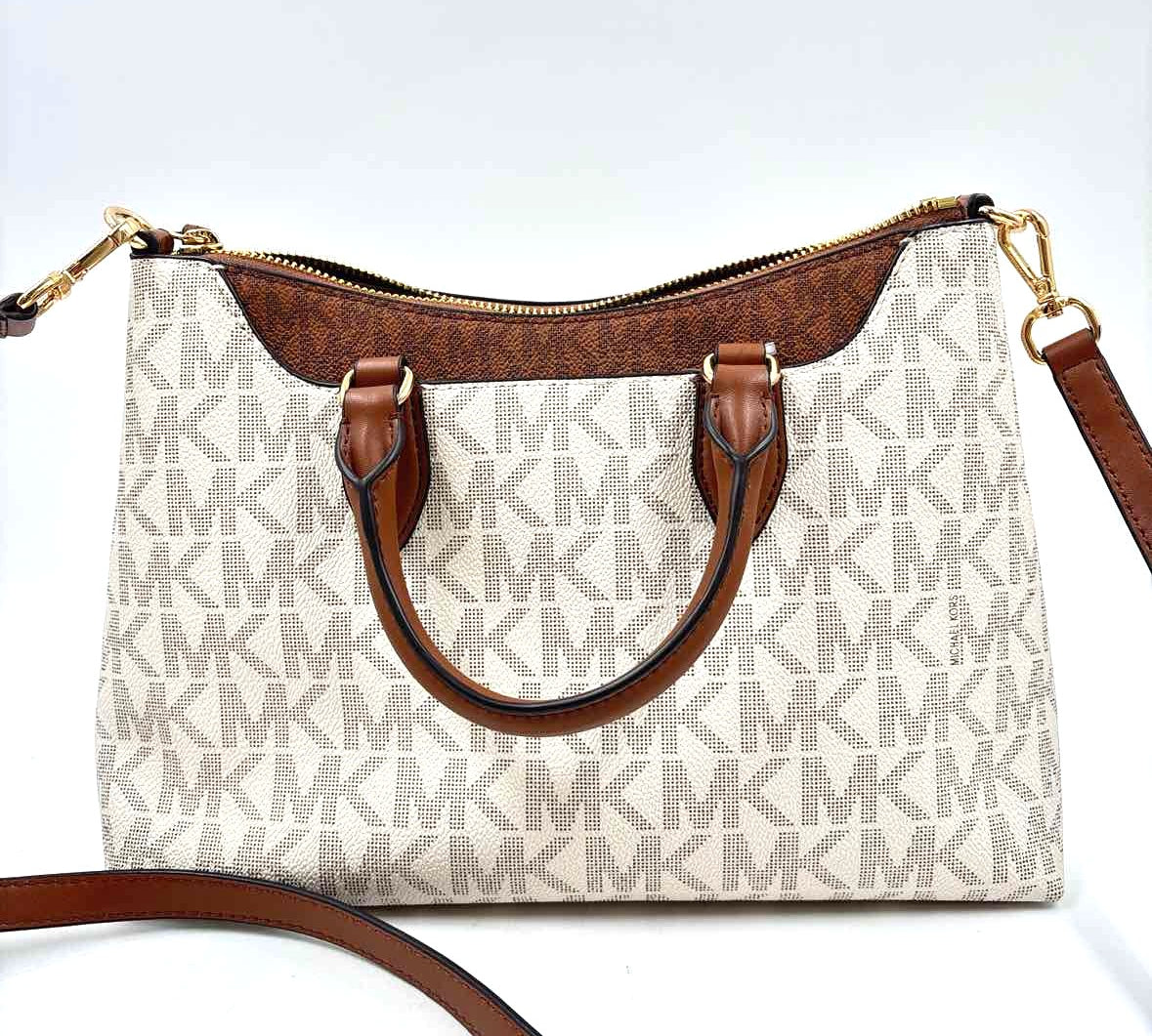 MICHAEL KORS Vanilla & Brown MK Signature AUSTEN Handled Satchel w/Opt Crossbody Strap