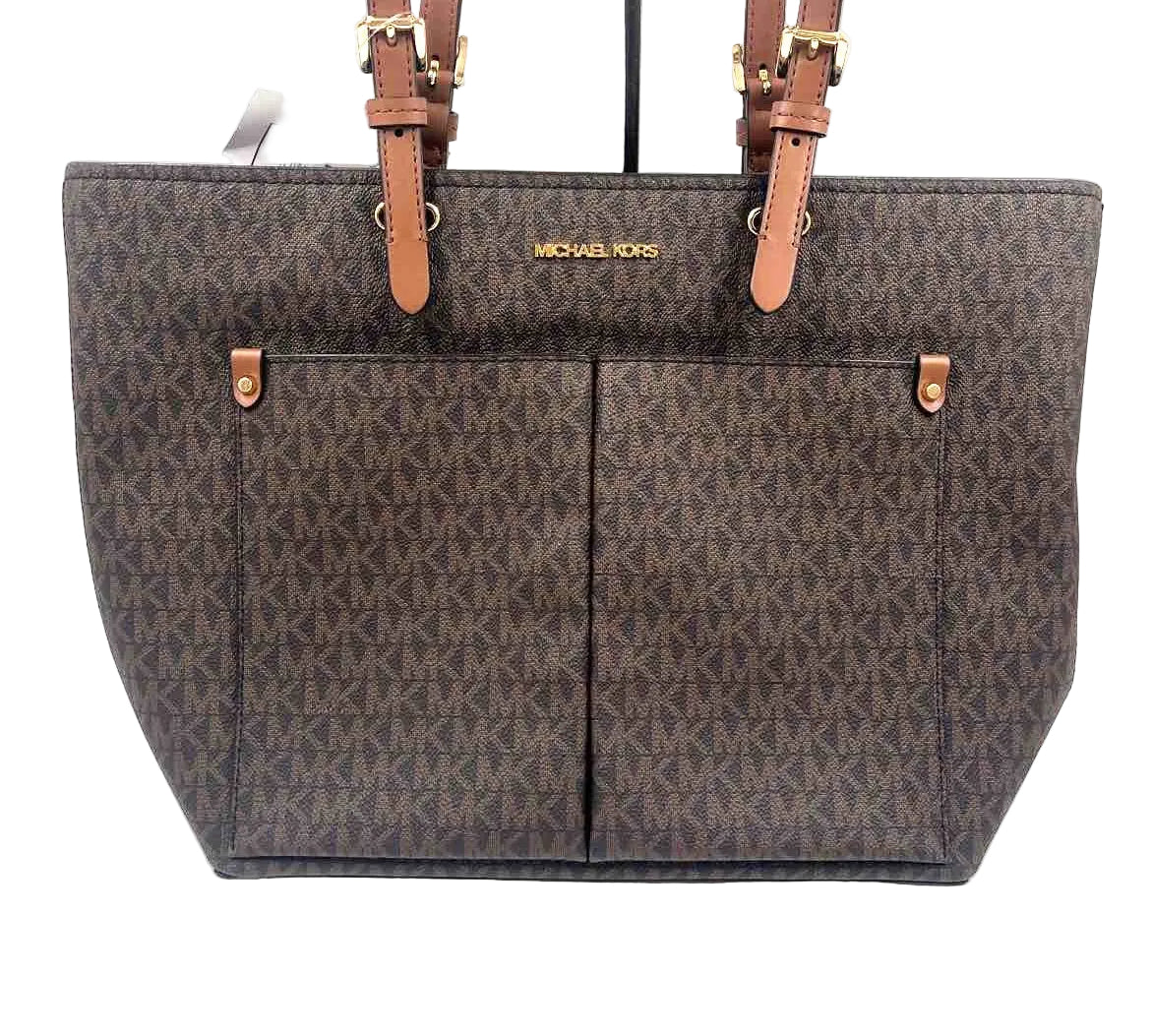 MICHAEL KORS Brown & Acorn Tan Signature JET SET Travel Medium DOUBLE POCKET Tote Bag Purse