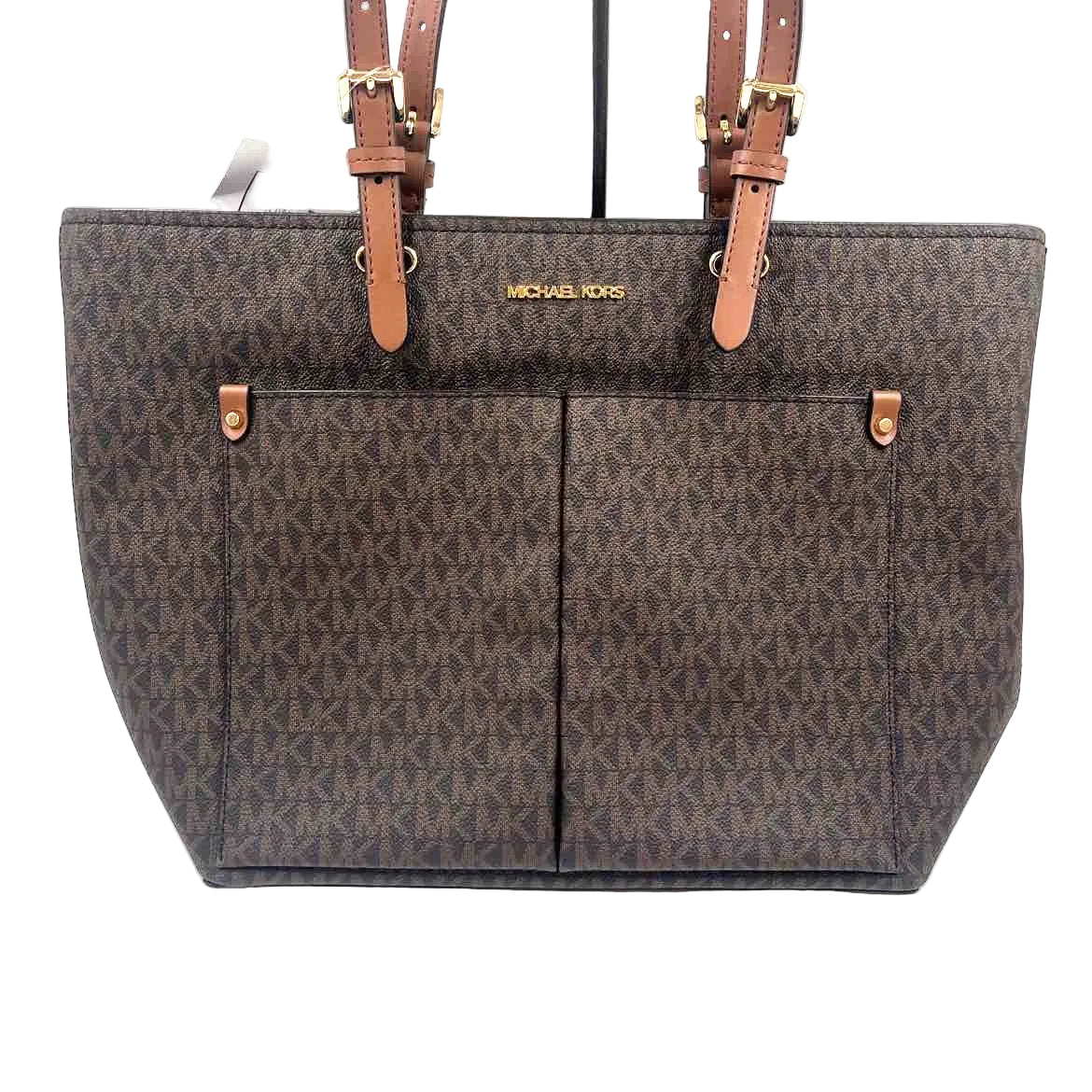 MICHAEL KORS Brown & Acorn Tan Signature JET SET Travel Medium DOUBLE POCKET Tote Bag Purse