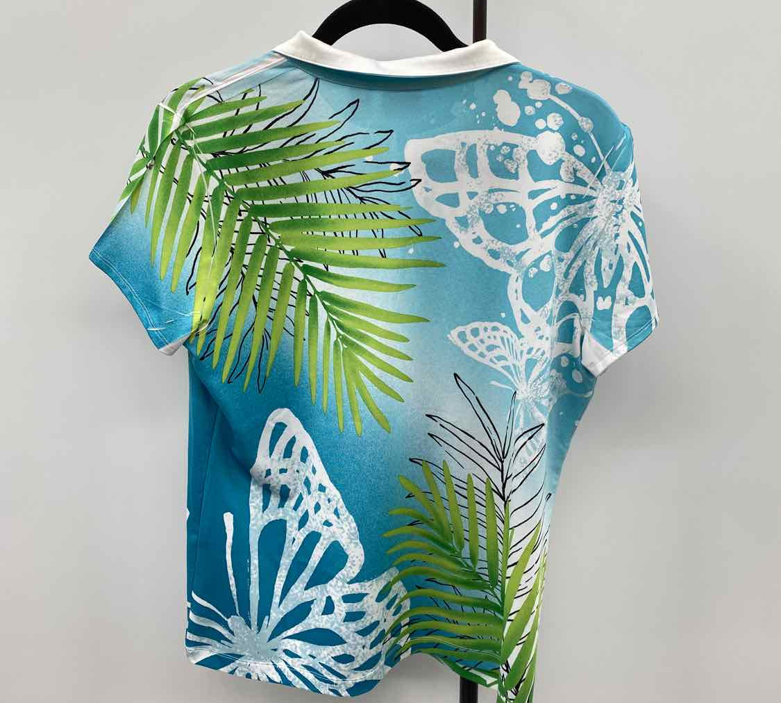 Chico's Women's Size L Blue Leaf Short Sleeve Shirt