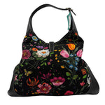 Back GUCCI Black Flora JACKIE Hobo Bag Purse w/Leather Shoulder Strap & Trim