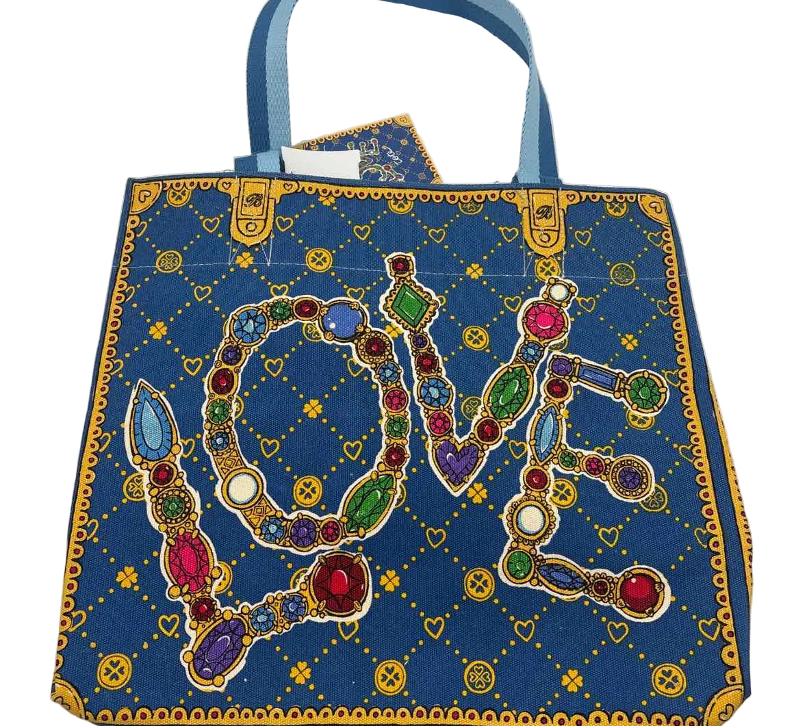 NWT BRIGHTON Blue Red & Cream Jewelled Canvas GLITTERING LOVE TOTE Bag Purse