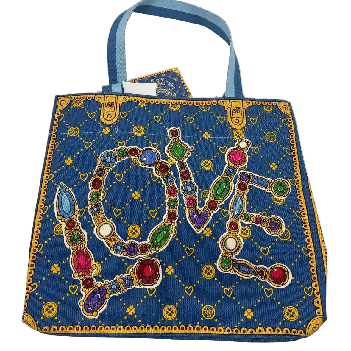NWT BRIGHTON Blue Red & Cream Jewelled Canvas GLITTERING LOVE TOTE Bag Purse