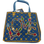 NWT BRIGHTON Blue Red & Cream Jewelled Canvas GLITTERING LOVE TOTE Bag Purse