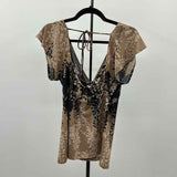 BCBGmaxazria Women's Size L Tan Floral Short Sleeve Shirt