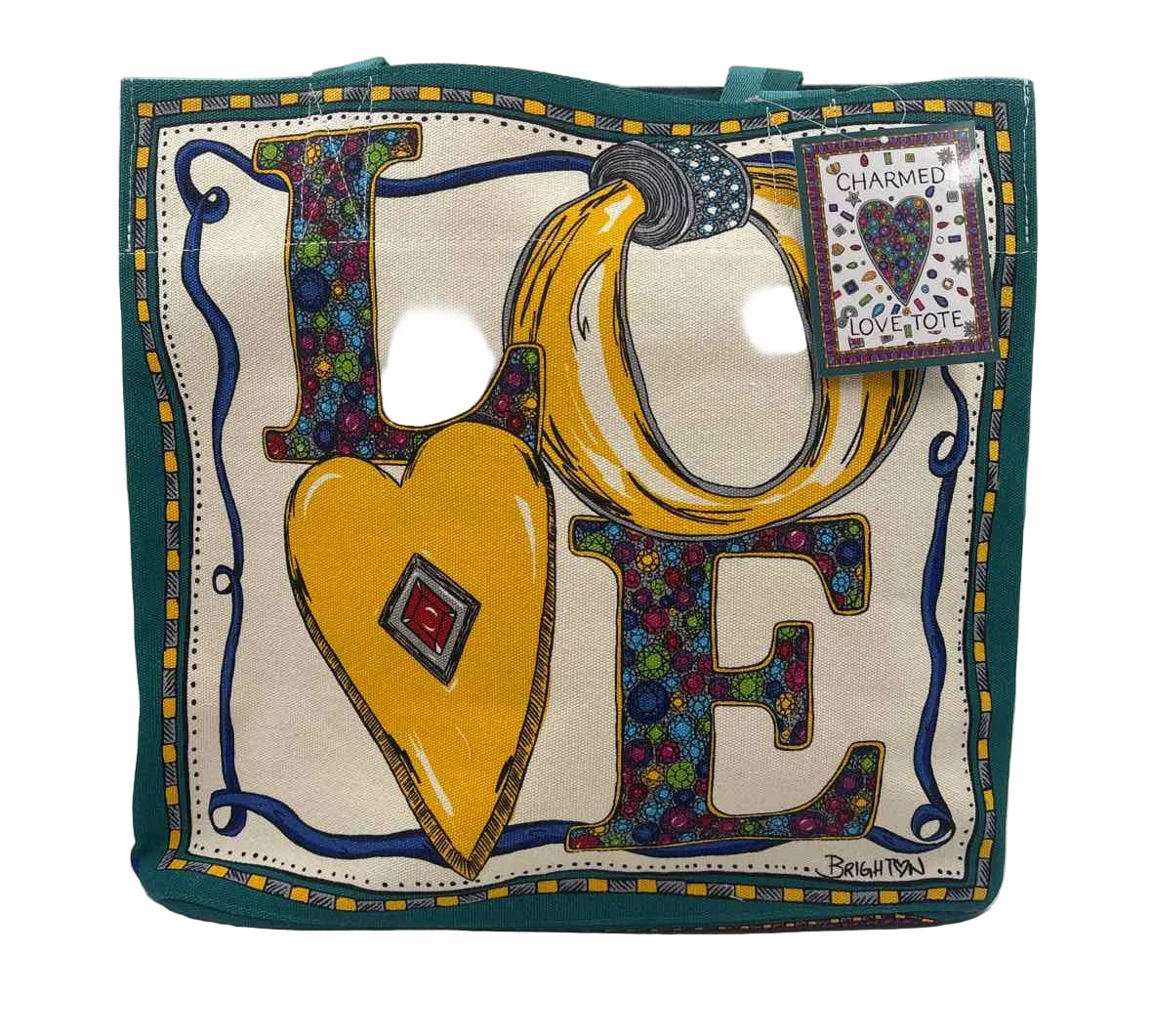 NWT BRIGHTON Teal Natural Yellow Gray Jewel CHARMED LOVE Canvas Tote Bag Purse