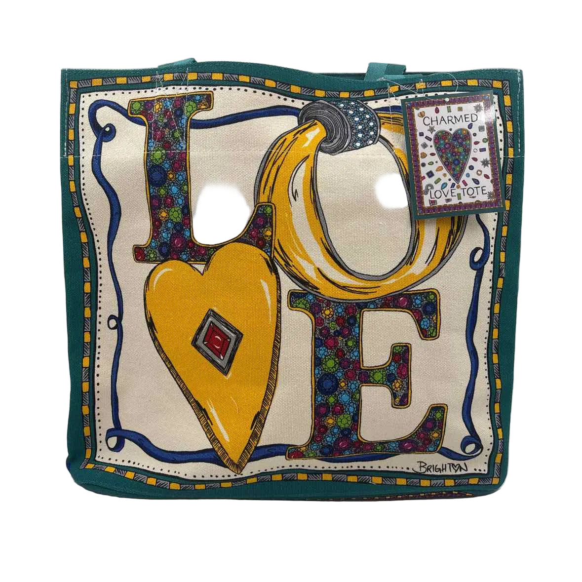 NWT BRIGHTON Teal Natural Yellow Gray Jewel CHARMED LOVE Canvas Tote Bag Purse