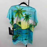 Onque Women's Size 1X Teal Palm Trees Short Sleeve Shirt