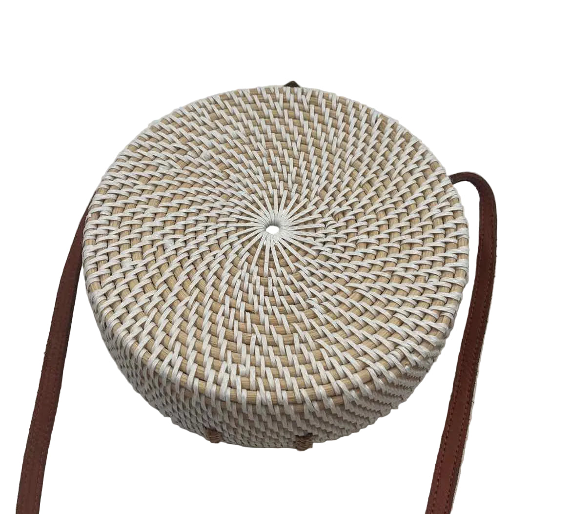 UNBRANDED Woven Natural Tan & White Round Purse w/Crossbody