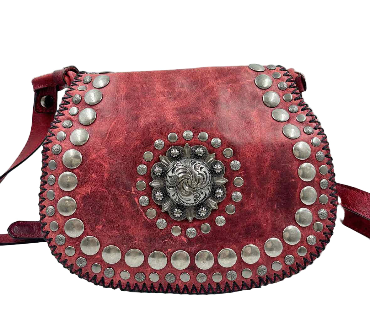PATRICIA NASH Distressed Red Leather LUCIANA MEDALLION Saddle Bag Crossbody Purse
