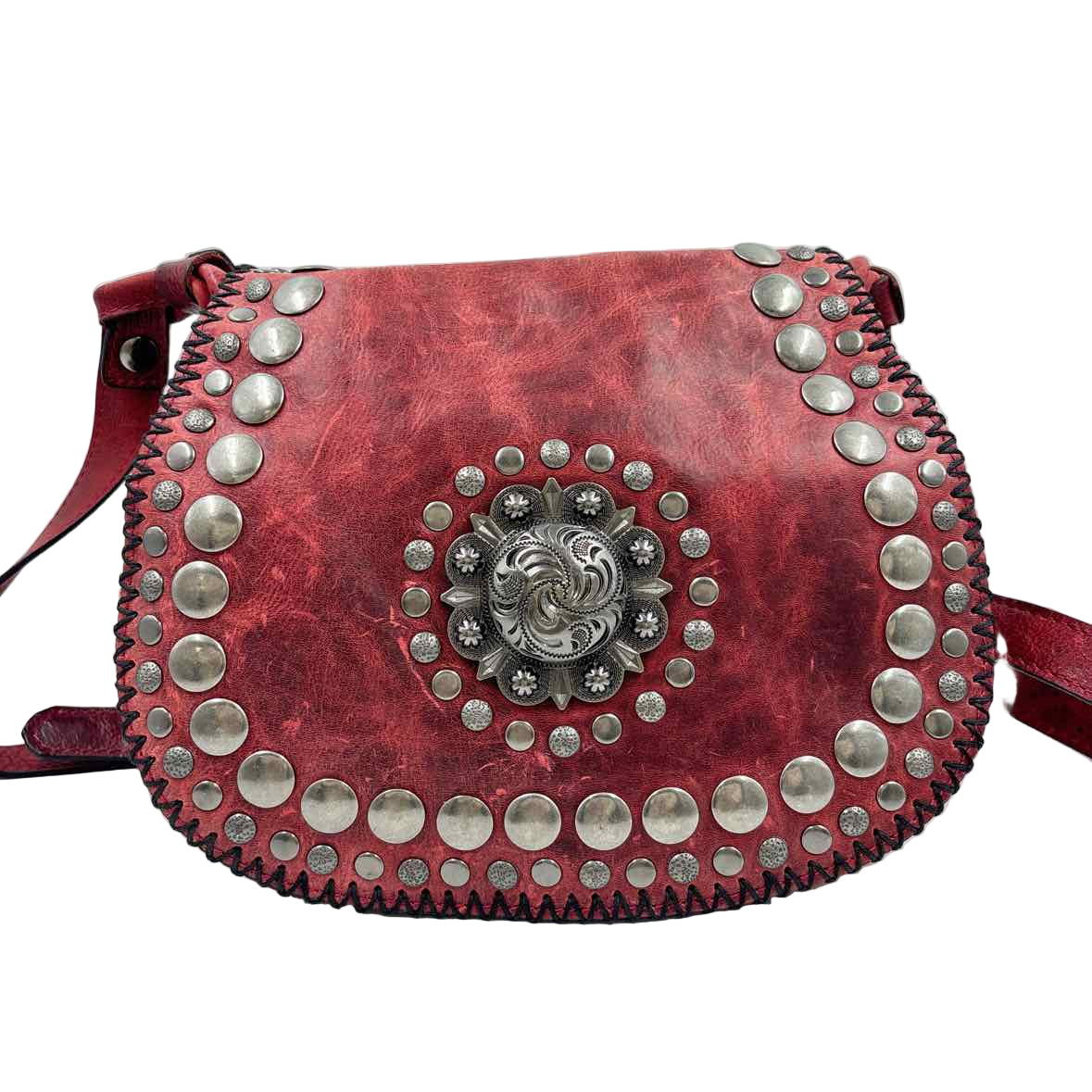 PATRICIA NASH Distressed Red Leather LUCIANA MEDALLION Saddle Bag Crossbody Purse