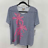 Chico's Women's Size L Navy Palm Trees Short Sleeve Shirt