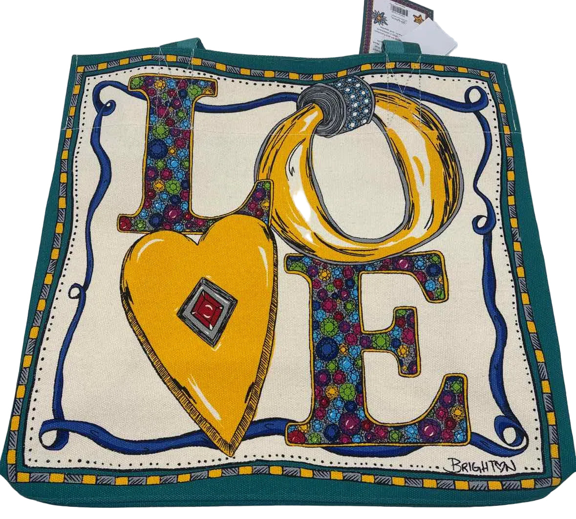NWT BRIGHTON Teal Natural Yellow Gray Jewel CHARMED LOVE Canvas Tote Bag Purse
