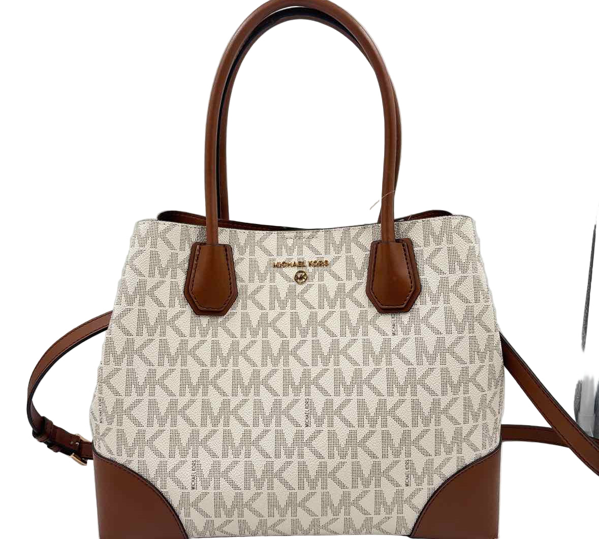 MICHAEL KORS Ivory Beige Signature MK Canvas MERCER GALLERY SATCHEL Purse w/Brown Leather Handles, Trim & Crossbody