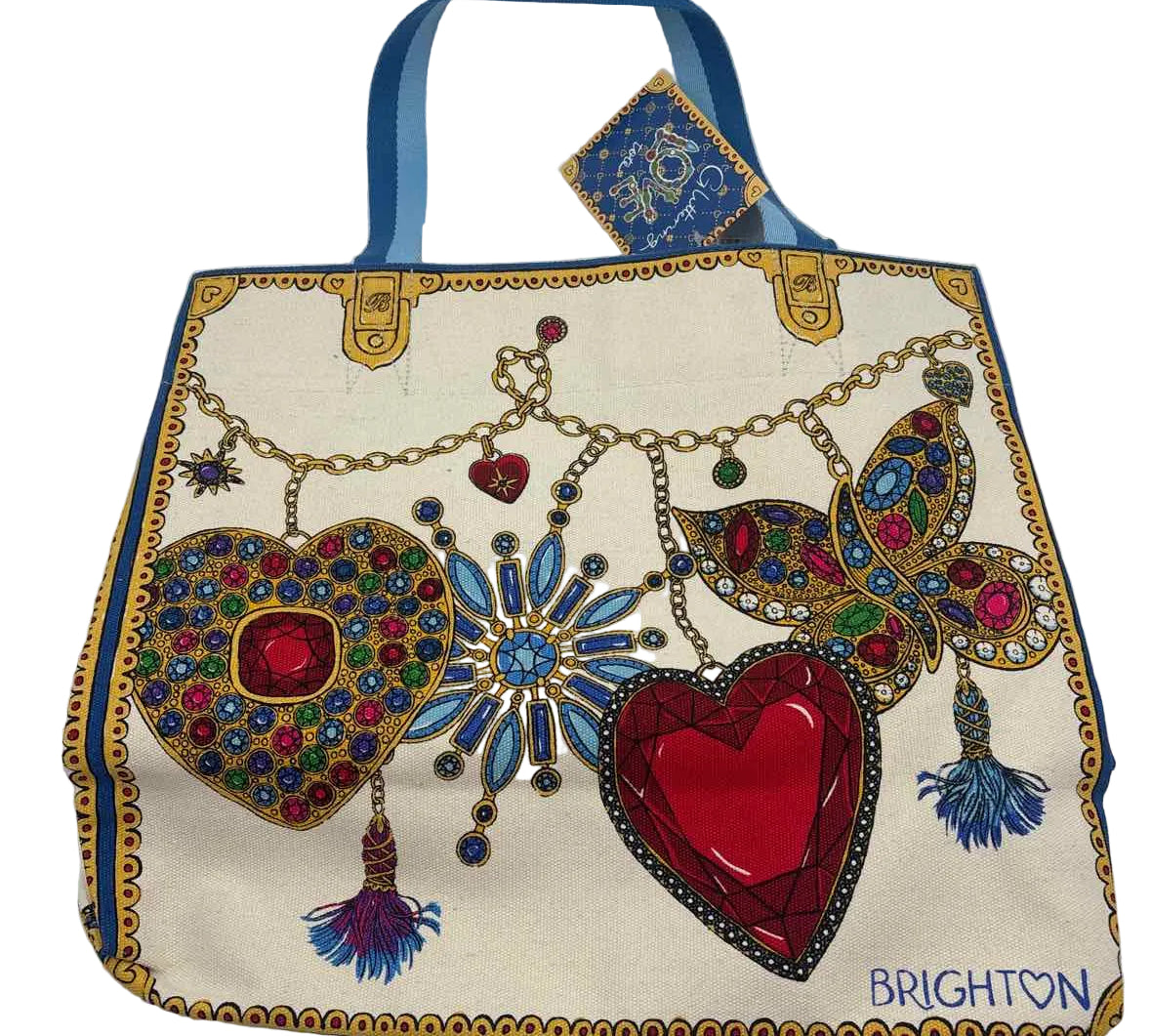 NWT BRIGHTON Blue Red & Cream Jewelled Canvas GLITTERING LOVE TOTE Bag Purse