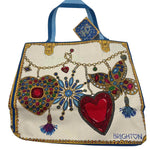 NWT BRIGHTON Blue Red & Cream Jewelled Canvas GLITTERING LOVE TOTE Bag Purse