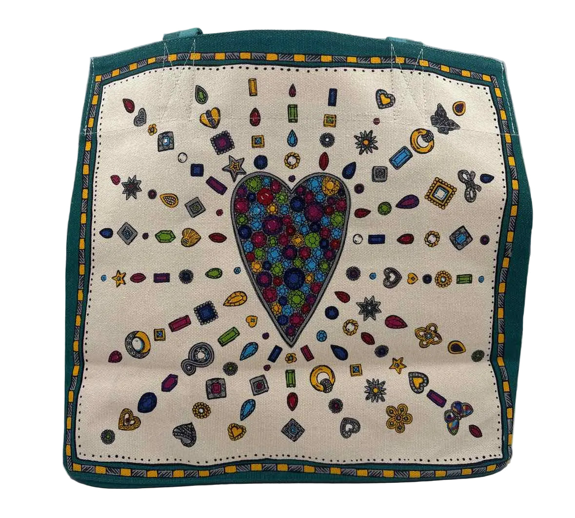NWT BRIGHTON Teal Natural Yellow Gray Jewel CHARMED LOVE Canvas Tote Bag Purse