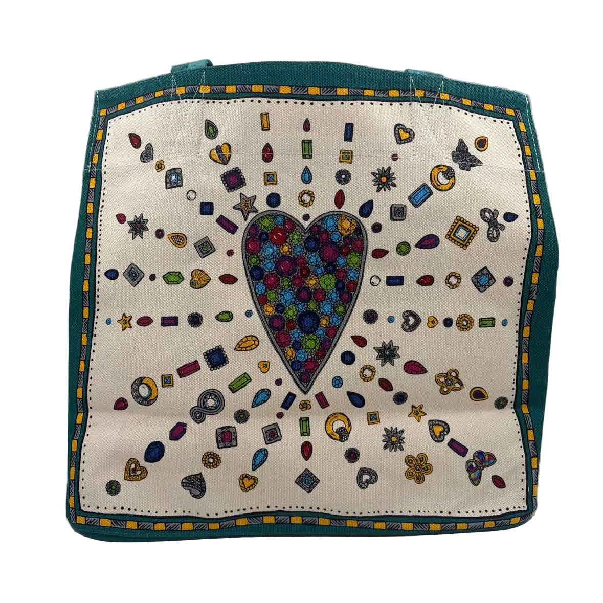 NWT BRIGHTON Teal Natural Yellow Gray Jewel CHARMED LOVE Canvas Tote Bag Purse