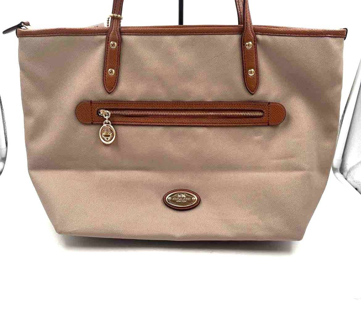 COACH Khaki Nylon Canvas & Brown Leather SAWYER Tote Bag Purse