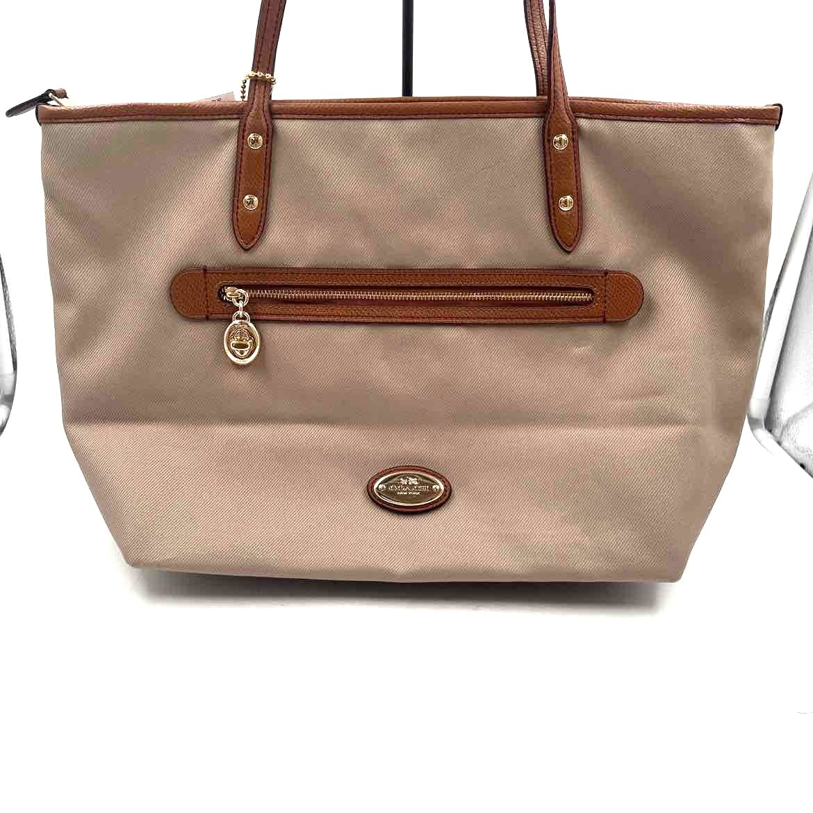 COACH Khaki Nylon Canvas & Brown Leather SAWYER Tote Bag Purse