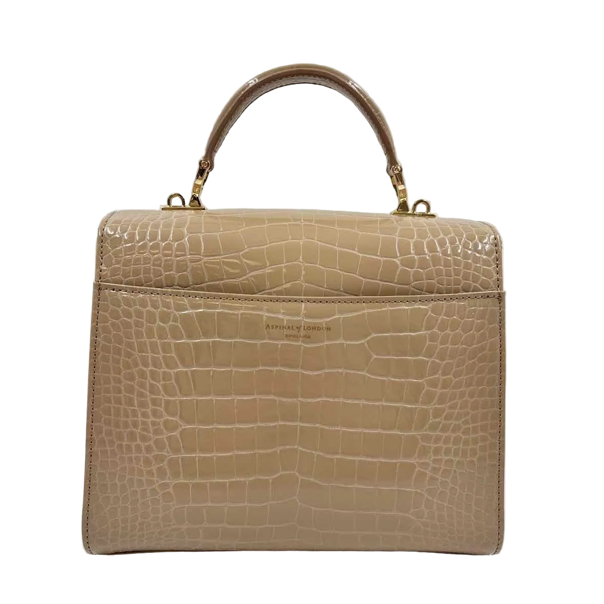 Back ASPINAL of LONDON Tan Croc-Embossed Patent Leather MIDI MAYFAIR Satchel Purse w/Opt Crossbody