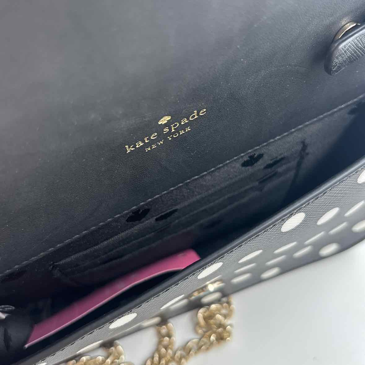 Interior KATE SPADE Black & White CHEERS CHARMING DOT Flap-Front Crossbody Purse w/Chain Strap