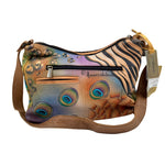 Back NWT ANUSCHKA Hand-Painted Leather PEACOCK & ZEBRA Shoulder Purse w/Wallet Pouch Pocket