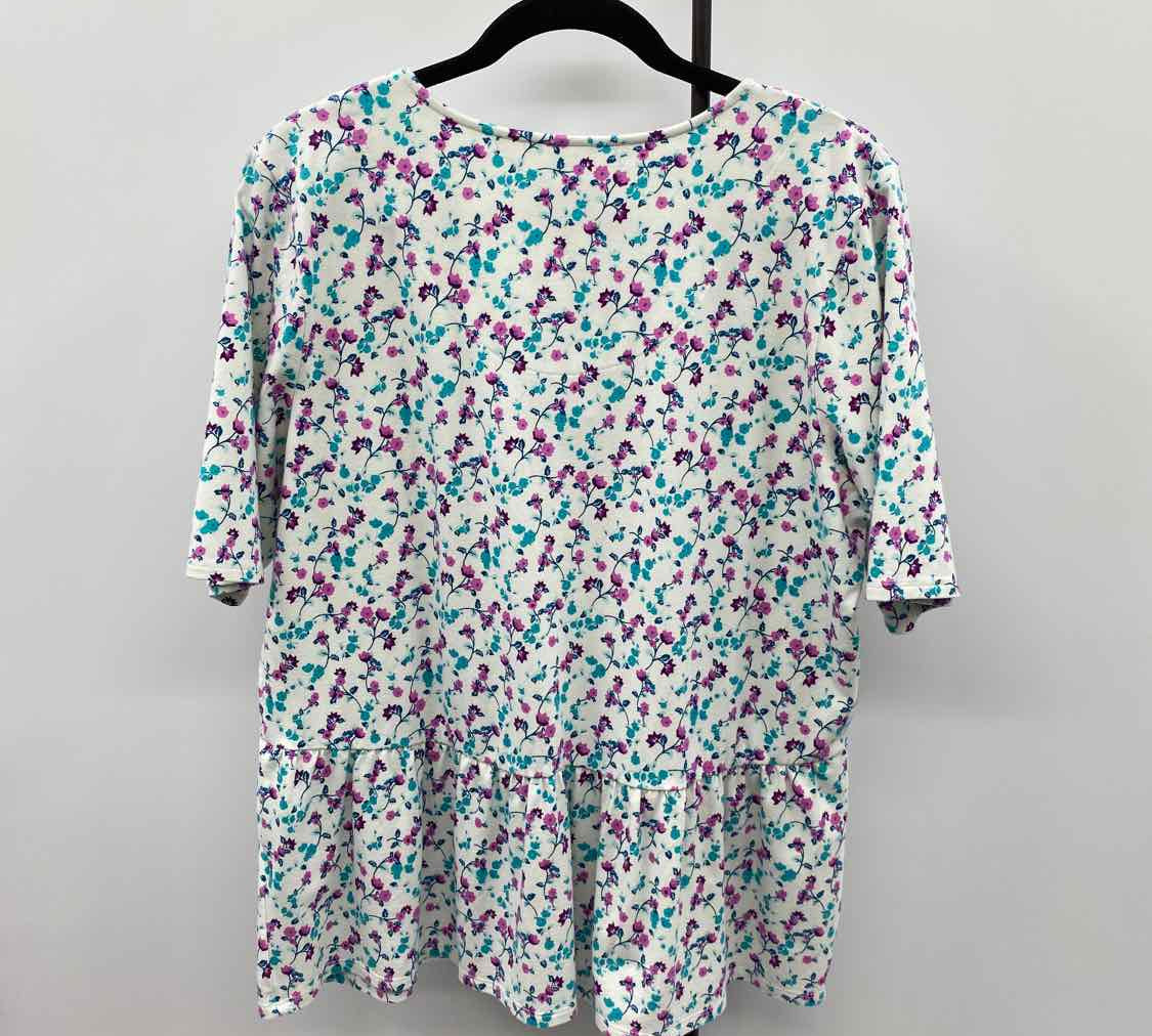 Denim & Co Women's Size L White Floral Short Sleeve Shirt