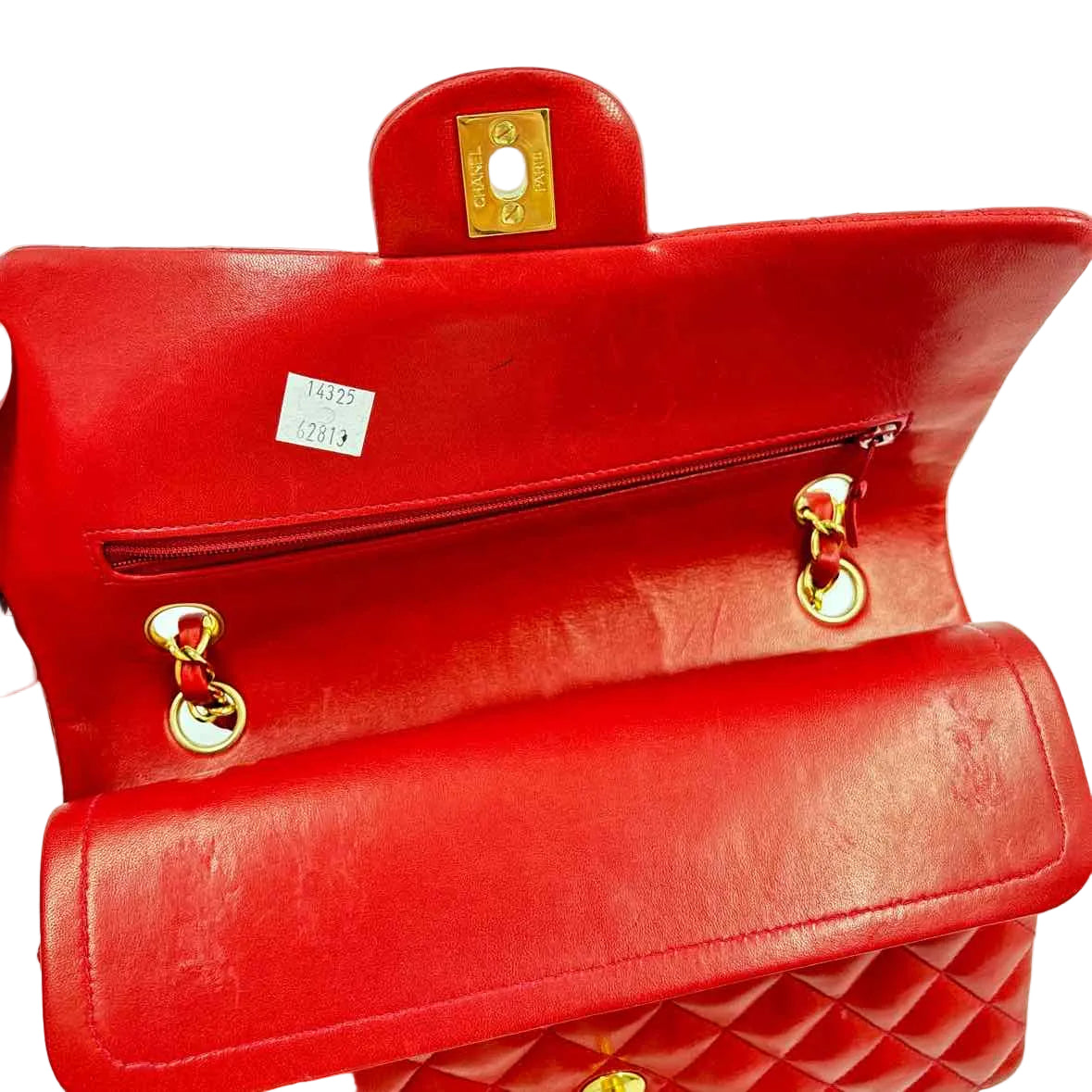 Interior CHANEL Red Lambskin Leather MEDIUM CLASSIC DOUBLE FLAP Bag Purse