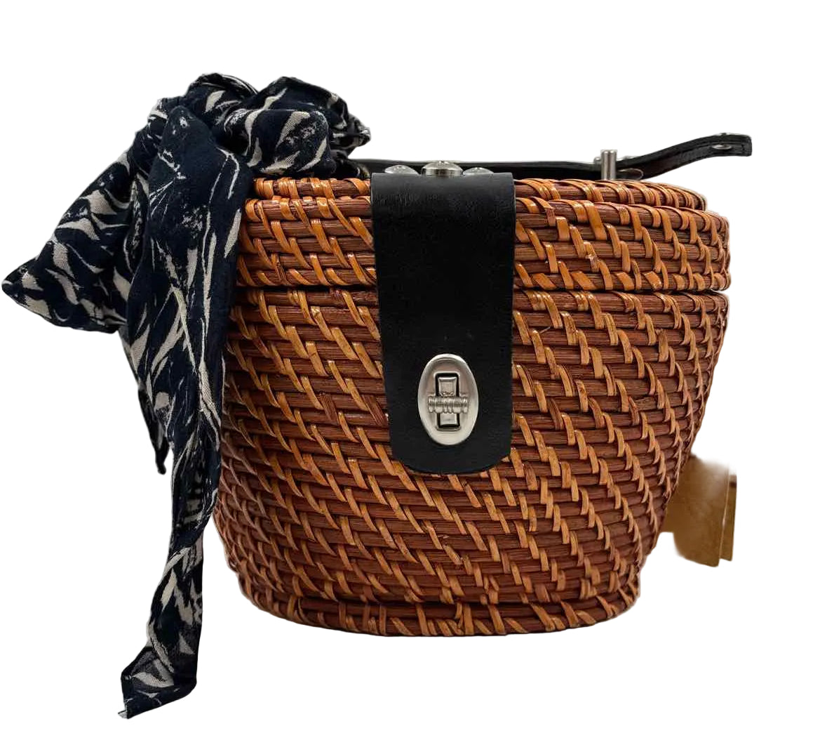 PATRICIA NASH Brown Bronze Woven CASELLE Wicker Basket Satchel Purse w/Twilly Scarf Accent