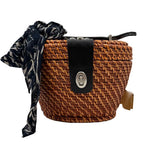 PATRICIA NASH Brown Bronze Woven CASELLE Wicker Basket Satchel Purse w/Twilly Scarf Accent